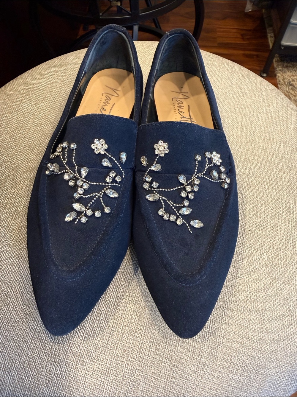 Nanette Lepore Embellished Navy Suede Pointed Toe Loafers size 6M - Picture 2 of 13